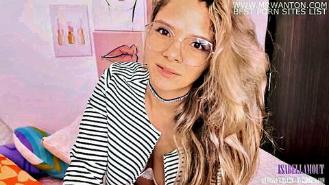 Isabellamout in open striped blazer, glasses and blonde hair, teasing cleavage for JOI