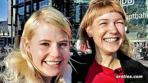Two smiling blonde amateurs outside train station, Ersties preview