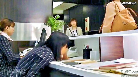 Japanese women in suits at school reception desk, JAV oral setup