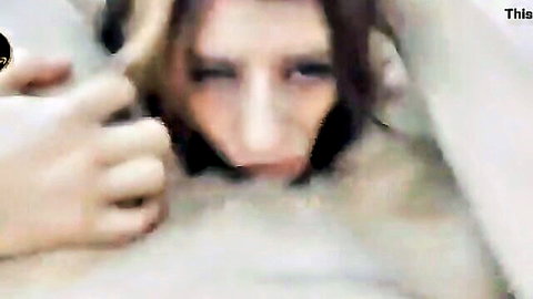 Blonde woman performs intense blowjob with hard suction and cum in mouth