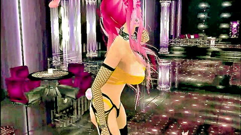 Busty pink-haired anime bunny girl in sheer fishnet lingerie exposing huge tits and juicy ass