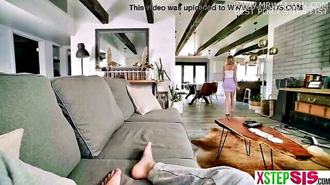 Blonde stepsister in tight pink mini dress teases small ass and bare feet on sofa