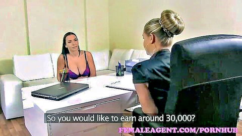Barra Brass in Female Agent casting interview, curvaceous brunette in purple lingerie