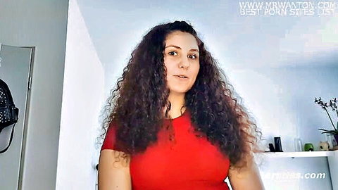 Curly-haired Isi in red top, busty dental assistant teases uninhibitedly