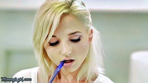Blonde MILF nympho teases with blue pen in mouth, seductive gaze