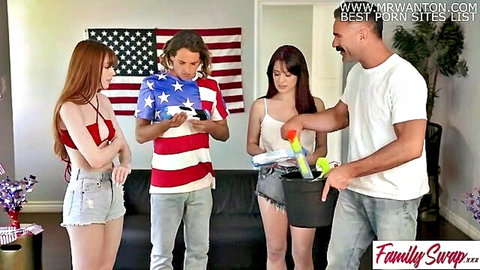 Patriotic family swap scene with redhead stepmom and stepsis teasing dads and sons