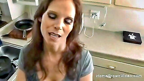 Syren De Mer busty MILF in kitchen, seductive oral tease