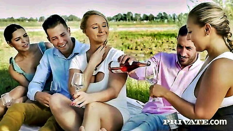 Group picnicking outdoors: blondes and brunette in white dresses with men, wine glasses