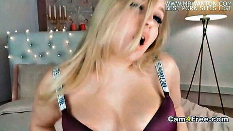Blonde beauty with pretty face moans while pleasuring her holes