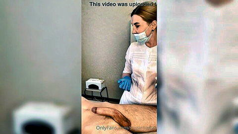 Nurse in gloves examines patient's large erection during medical procedure