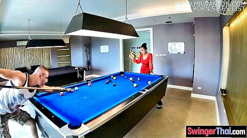Amateur Asian couple playing pool, sexy red dress tease before passionate sex