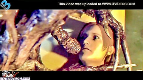 Redhead woman wrapped in monster tentacles, intense fantasy penetration scene