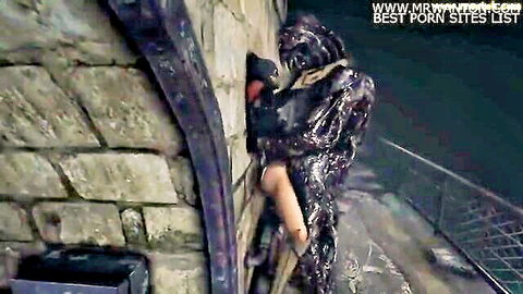3D monster bulge in latex pressing woman against stone wall