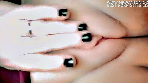 Late night solo pussy play close-up, hands spreading wet labia with black nails
