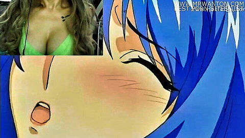 Asian woman in green top showing deep cleavage, blushing anime girl with blue hair