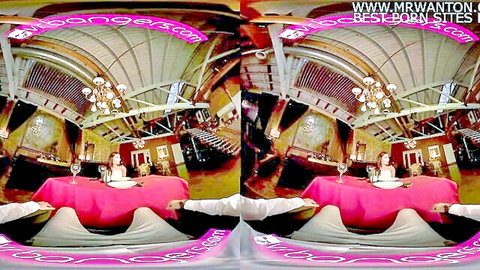 Hot brunette in white dress toasting wine with boyfriend at pink table romantic dinner POV VR