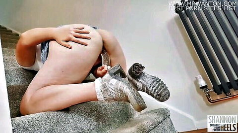 Shannon Heels bent over exposing ass in clear glitter heels and socks