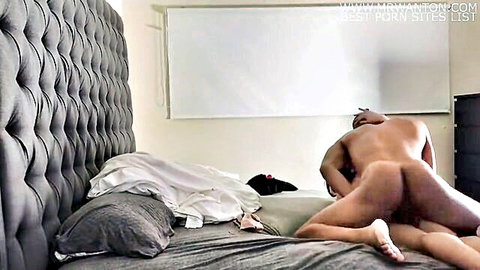 Muscular black bull roughly fucking petite white girl's tight pussy missionary on bed