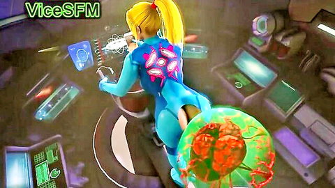 3D CGI blonde Samus Aran parody bent over spaceship console with green monster tentacle fucking her ass