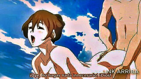 Busty anime girl with brown hair in doggy style sex on beach