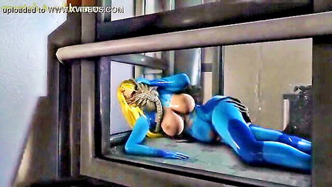 Blue-skinned alien hentai babe with huge exposed tits in shiny latex bodysuit lying in glass pod