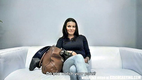 Vanessa Decker super hot brunette in casual Czech Casting interview