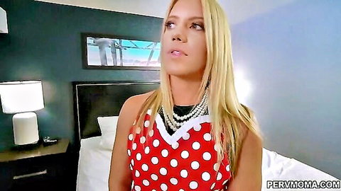 Blonde MILF stepmom in sexy polka dot apron dress and pearls