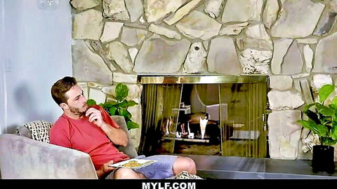 Handsome stepson lounging in red shirt and shorts with Christy Love in Mylf scene