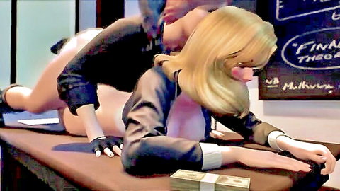 Blonde teacher with glasses bent over desk getting fucked doggy style from behind by student in 3D hentai classroom