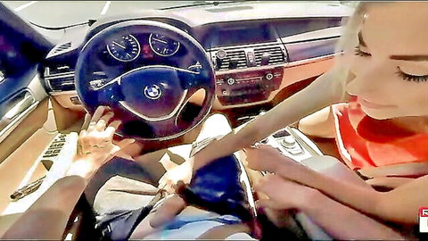 POV of hot blonde babe leaning over to suck big cock in BMW car blowjob