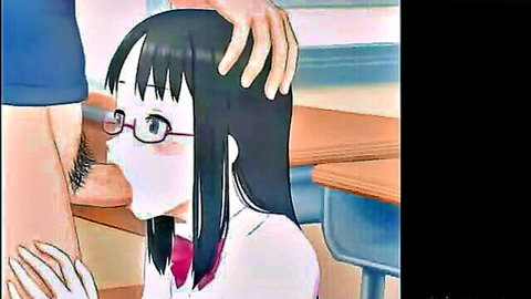 Anime schoolgirl with glasses giving blowjob in uniform