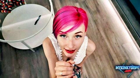 Pink-haired neighborhood girl kneeling seductively in white lace top
