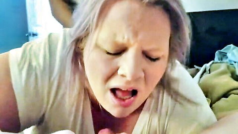Amateur wife with purple hair giving intense POV blowjob, mouth wide open