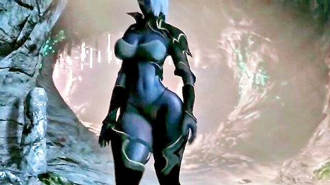 Queen Nualia seductive blue-skinned elf in skimpy armor, Fallen Throne CG comics