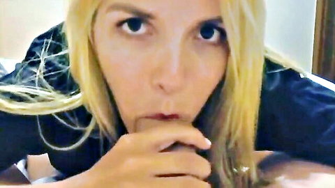 Blonde woman teases with lips on cock in sister-brother taboo scene