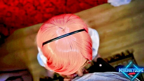 MyKinkyDope with pink hair and headband in Alice Wonderland cosplay top view