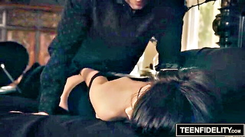 Petite emo teen lies naked on stomach as guy rims her ass in dark bedroom