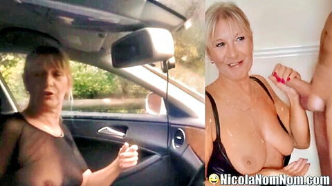 Busty mature blonde MILF handjobs hard cock with big sheer-covered tits exposed