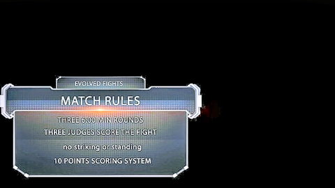 Evolved Fights match rules screen showing three 3-min rounds, three judges score fight, no striking, 10 points system