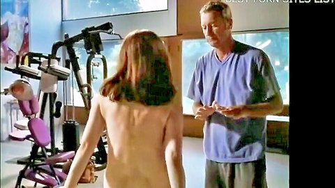 Nude brunette with big natural boobs talking to man in scrubs