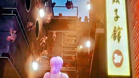Purple-haired Asian kunoichi in revealing pink outfit ascending dark urban stairs at night