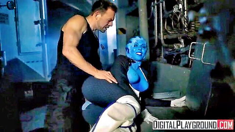 Rachel Starr as blue alien babe embraced from behind in Gazoo Effect parody