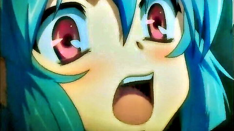 Teal-haired hentai girl ahegao face with tongue out wide red eyes and open mouth