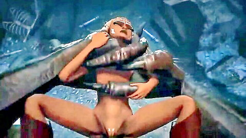 3D CGI hentai babe spreads legs wide exposing shaved pussy groped by slimy tentacles