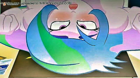 Animated blue-haired schoolgirl with flushed aroused face and large breasts on desk