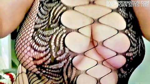 Hotwife teases with big beautiful curves in sheer fishnet lingerie