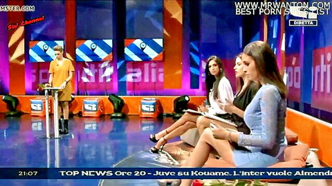 Sexy Italian babes in dresses on live porn TV show crossing legs teasing viewers