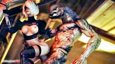 2B from Nier Automata ravaged by giant monster dong, exposed tits and lingerie