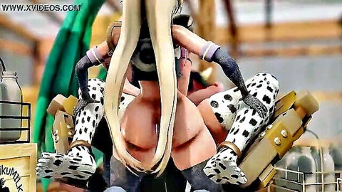 Shemale Hentai Miku in cow print stockings bent over for milking