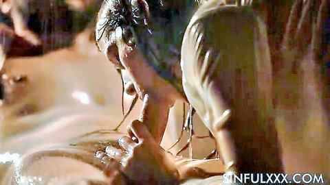 Wet brunette giving super juicy slow blowjob in steamy bath